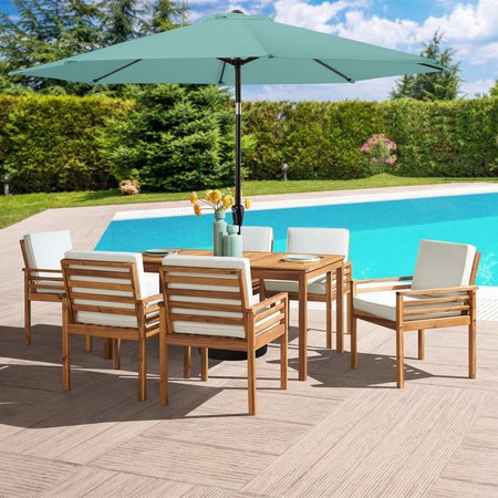 ALATERRE FURNITURE 8 Piece Set, Okemo Table with 6 Chairs, 10-Foot Auto Tilt Umbrella Dusty Green ANOK01RD09S6